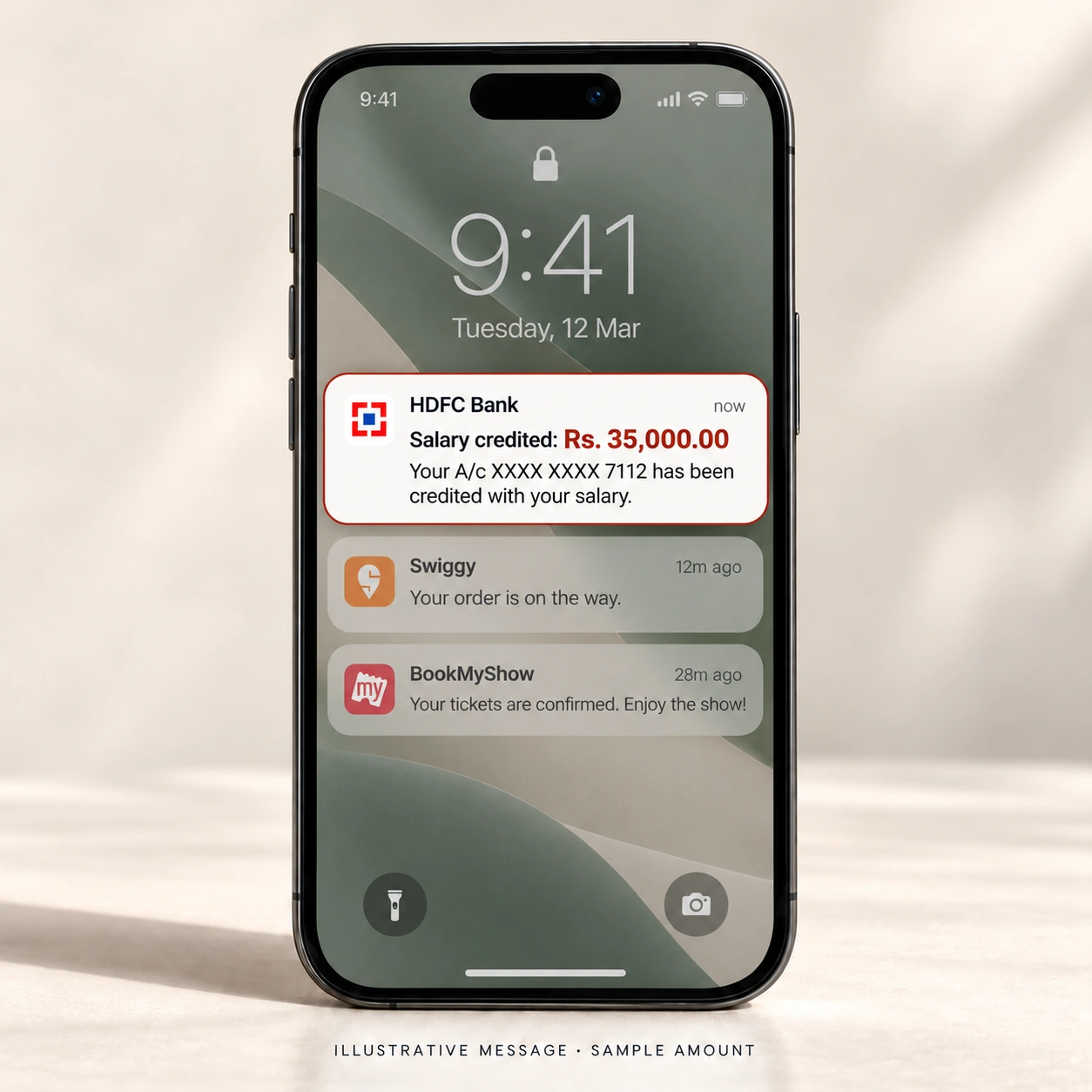 Illustrative phone screen showing a highlighted HDFC Bank salary credit of Rs. 35,000, with Swiggy and BookMyShow notifications below. Sample amount.